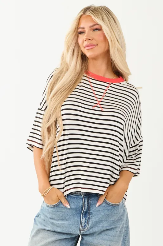 Ivory and Crimson Striped Half Sleeve Top sold by Lime Lush
