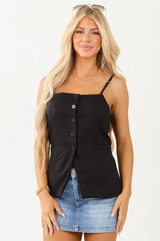Black Button Down Linen Blend Front Slit Tank Top sold by Lime Lush