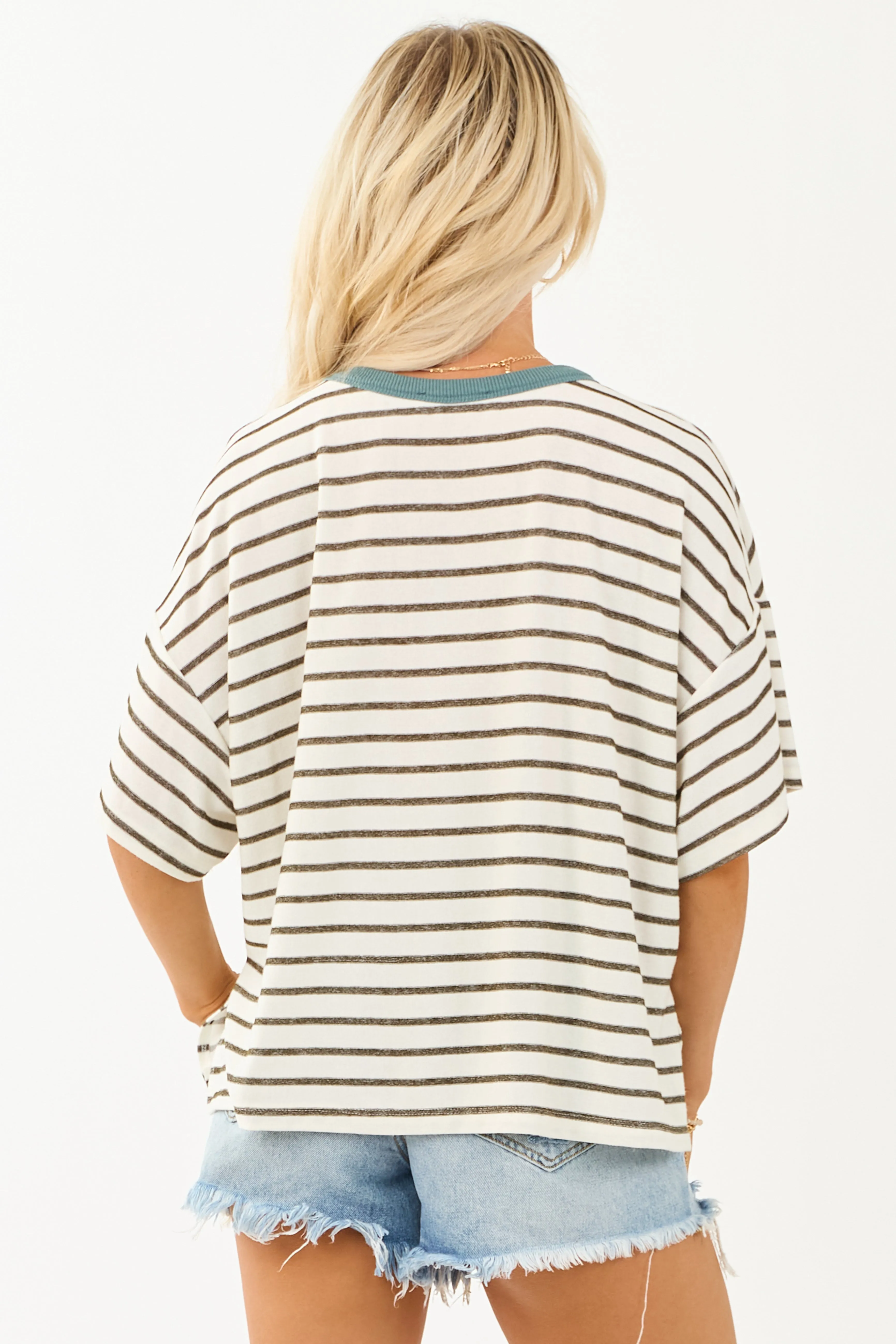 Olive and Ivory Striped Knit Half Sleeve Relaxed Top sold by Lime Lush product image thumbnail 5
