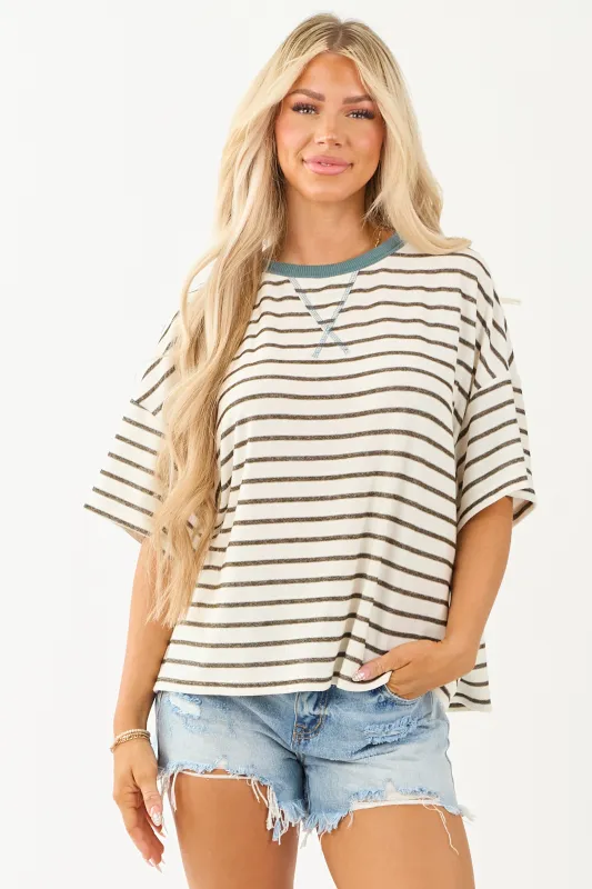 Olive and Ivory Striped Knit Half Sleeve Relaxed Top sold by Lime Lush