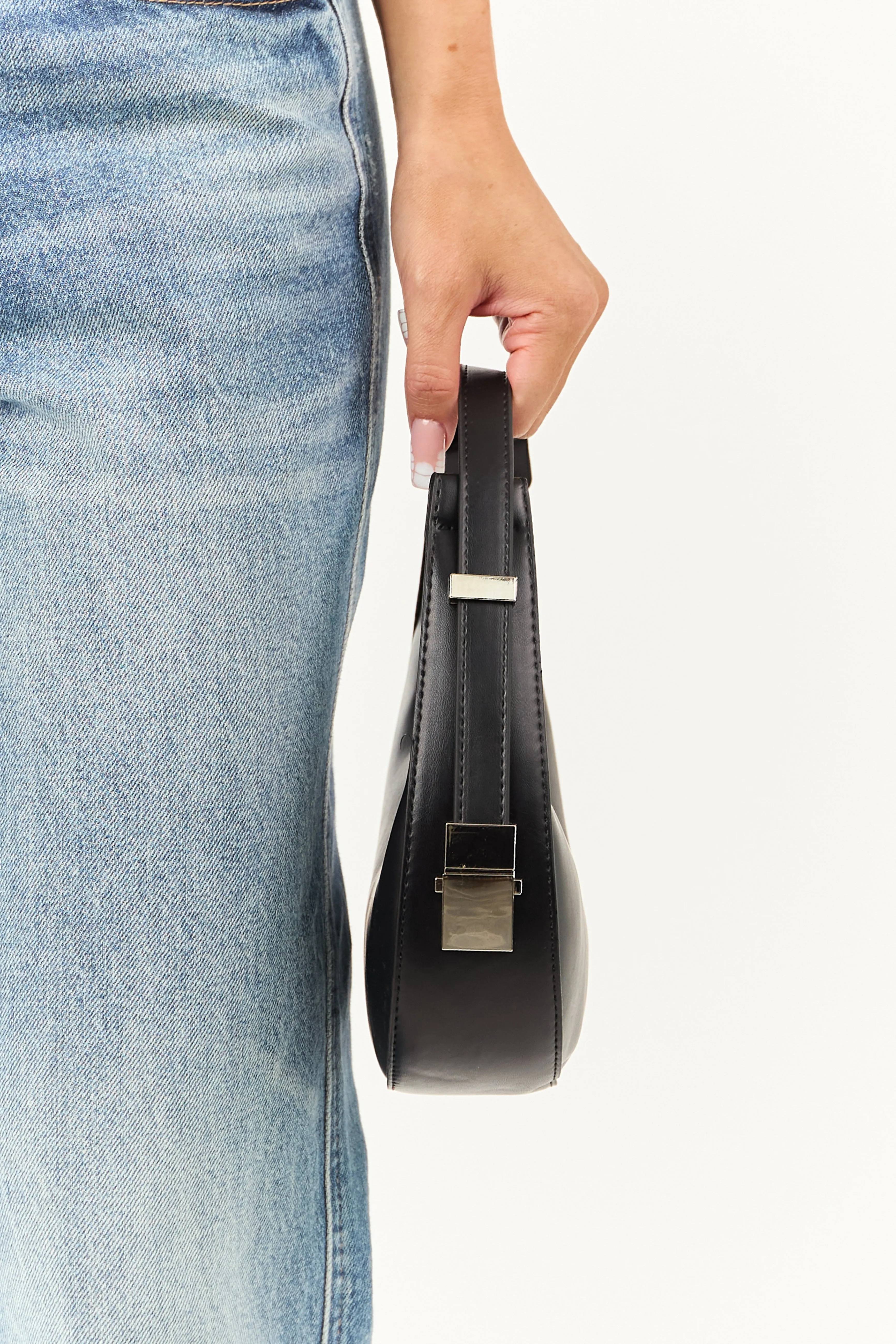 Black Faux Leather Small Half Moon Handbag sold by Lime Lush product image thumbnail 2