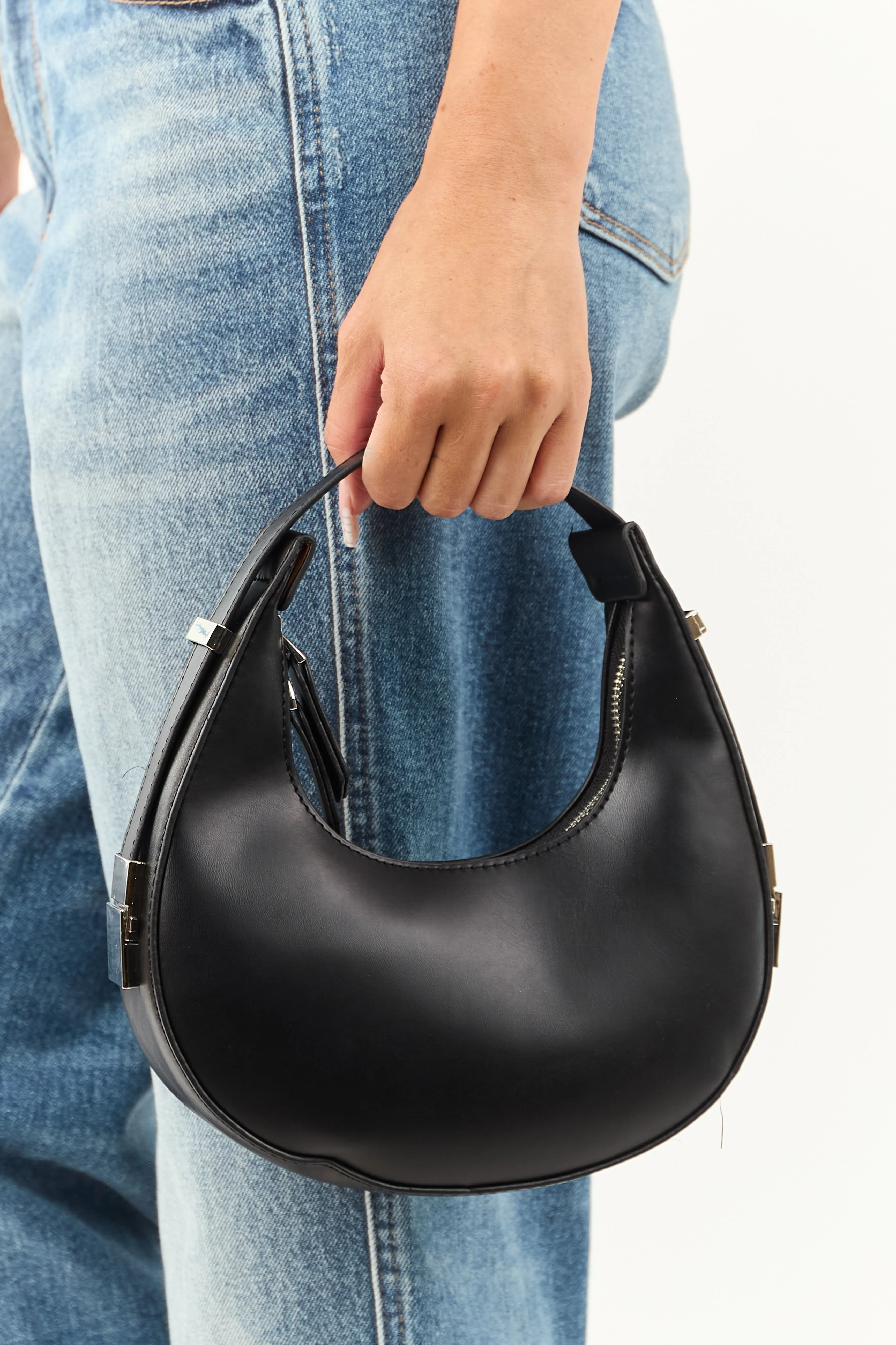 Black Faux Leather Small Half Moon Handbag sold by Lime Lush