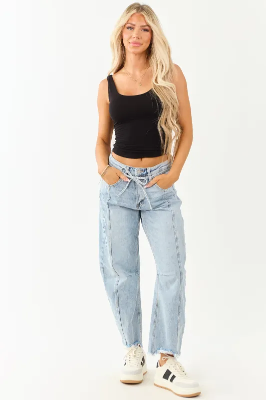 Saige Light Wash High Rise Waist Tie Barrel Jeans sold by Lime Lush