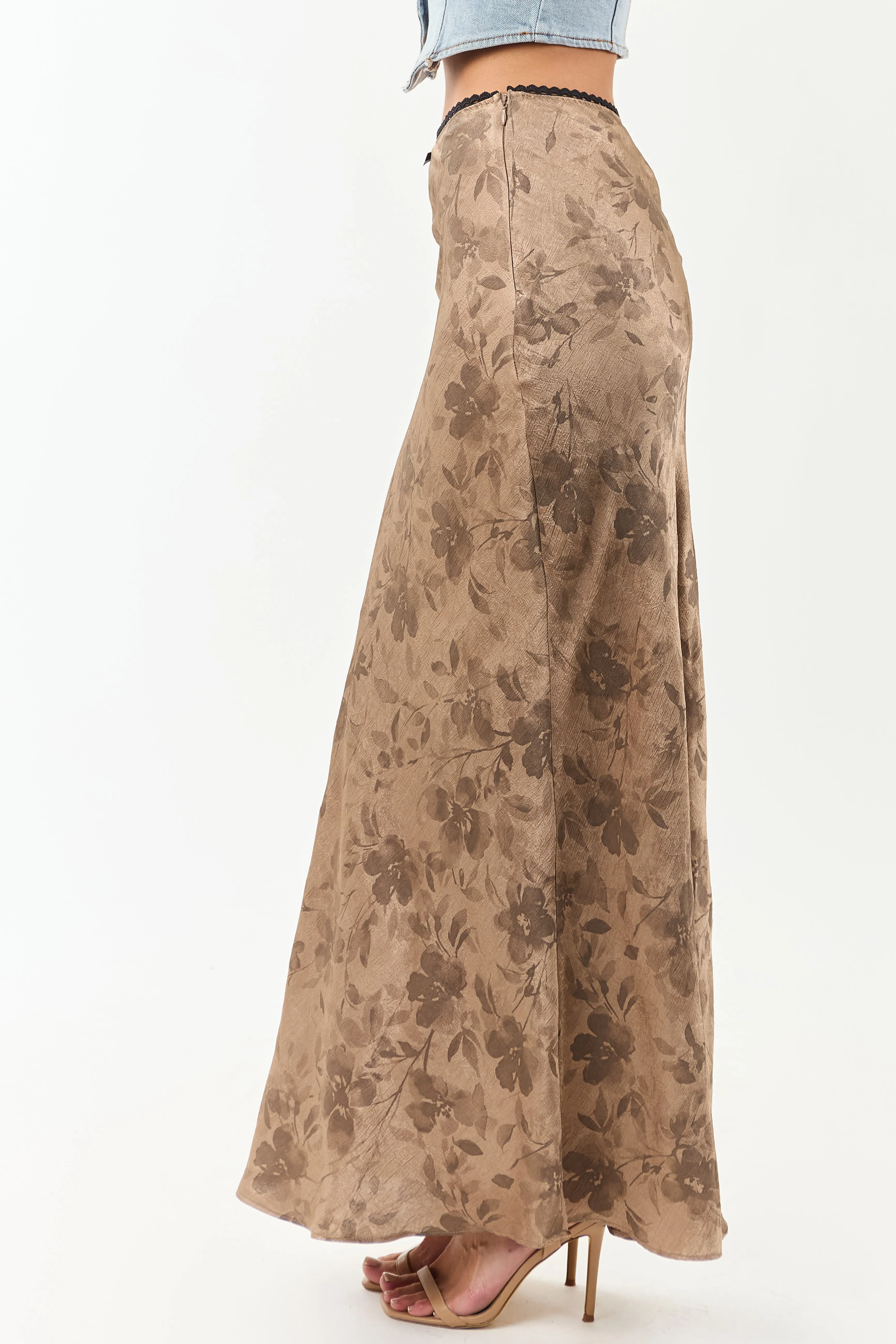 Latte Floral Print Textured Satin Maxi Skirt sold by Lime Lush product image thumbnail 3