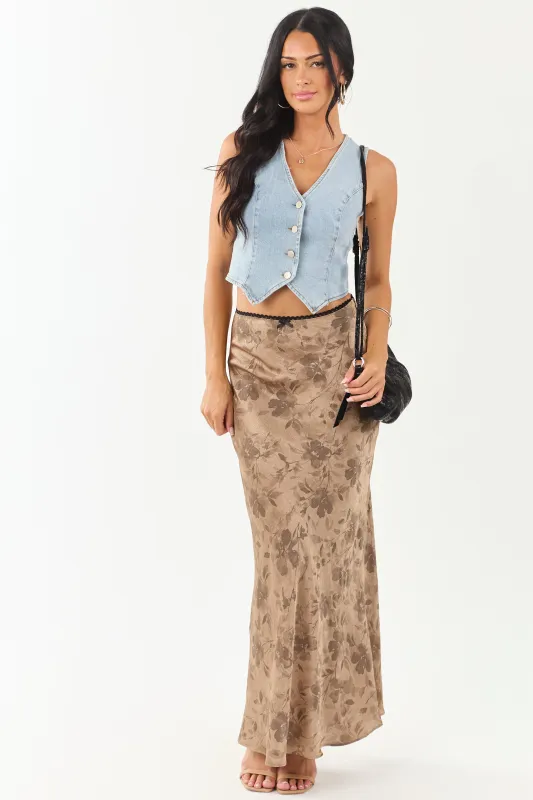 Latte Floral Print Textured Satin Maxi Skirt sold by Lime Lush