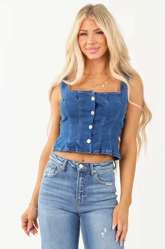 Dark Wash Denim Corset Style Button Up Tank Top sold by Lime Lush