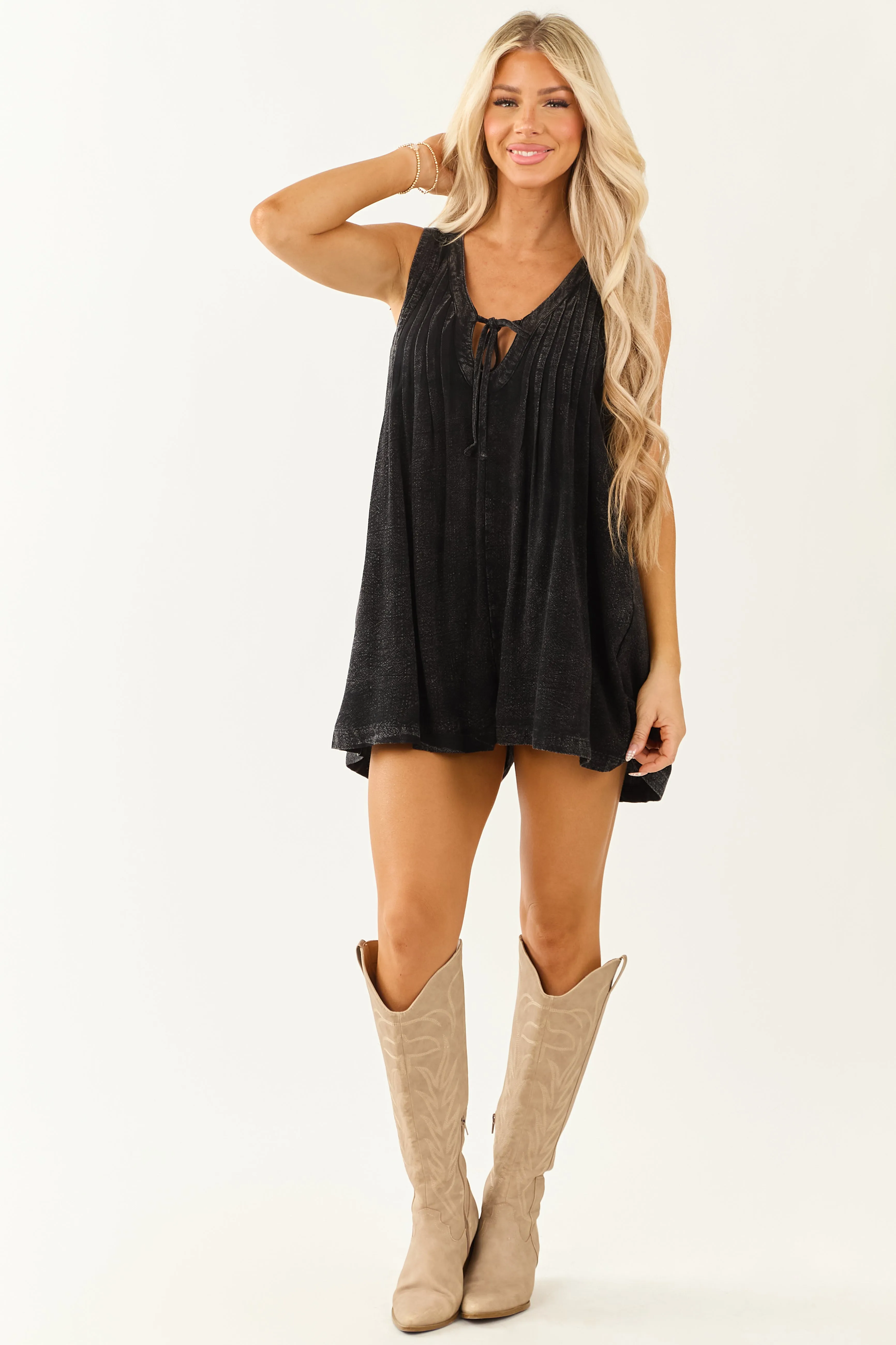 Black Mineral Washed Pintuck Wide Leg Romper sold by Lime Lush product image thumbnail 2