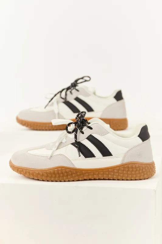 Off White Striped Double Lace Up Low Top Sneakers sold by Lime Lush