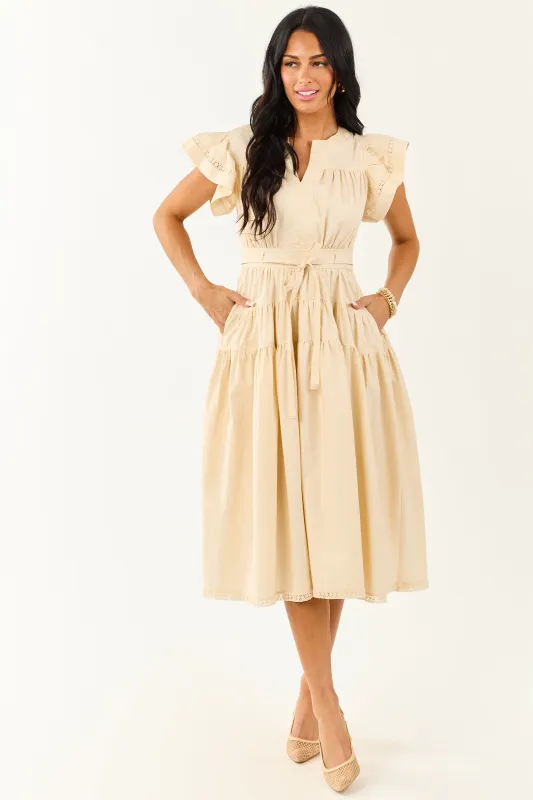 Desert Sand Lace Trim Ruffle Sleeve Cotton Midi Dress sold by Lime Lush