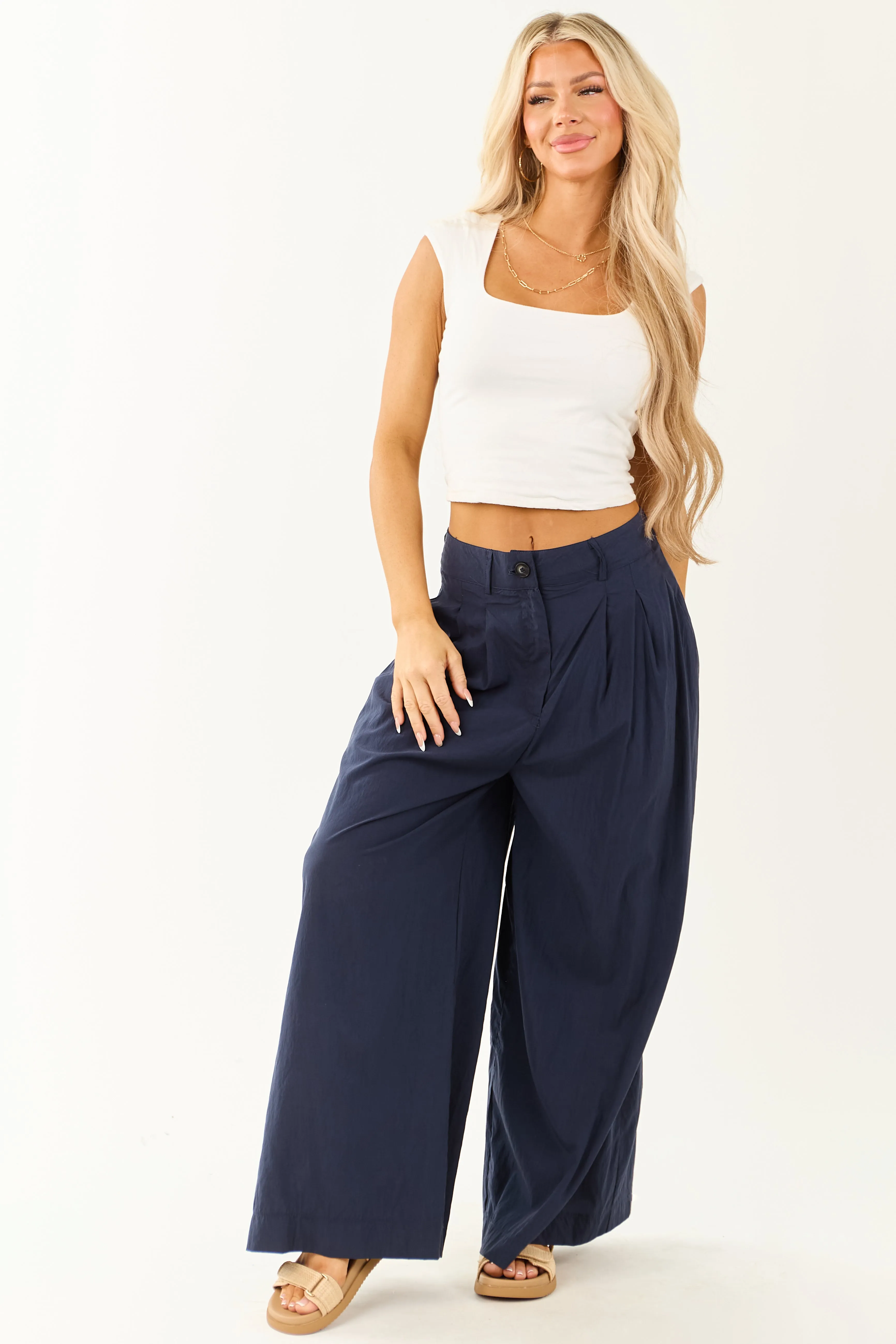 Navy Pleated High Waisted Wide Leg Palazzo Pants sold by Lime Lush product image thumbnail 5