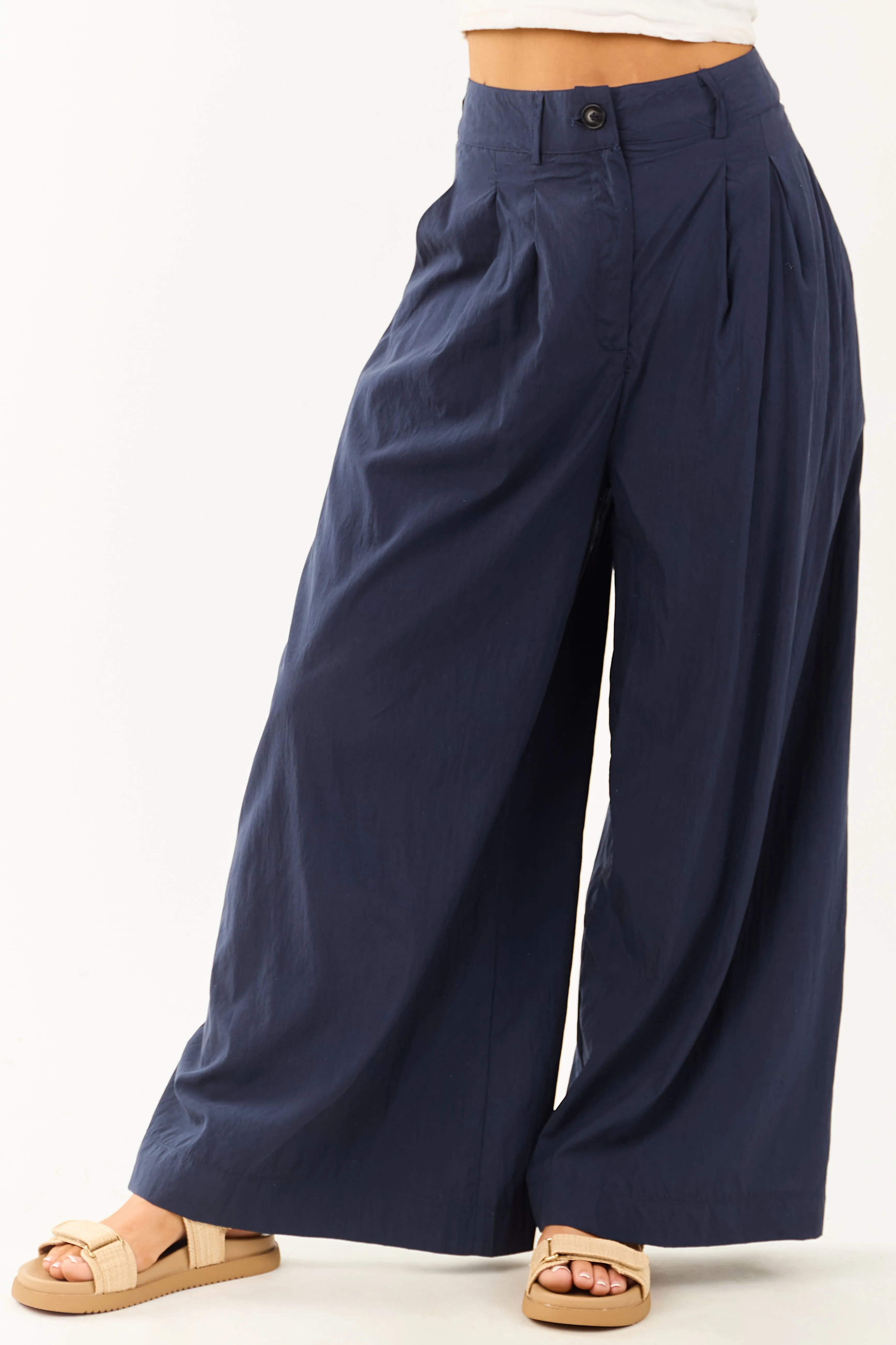 Navy Pleated High Waisted Wide Leg Palazzo Pants sold by Lime Lush product image thumbnail 2