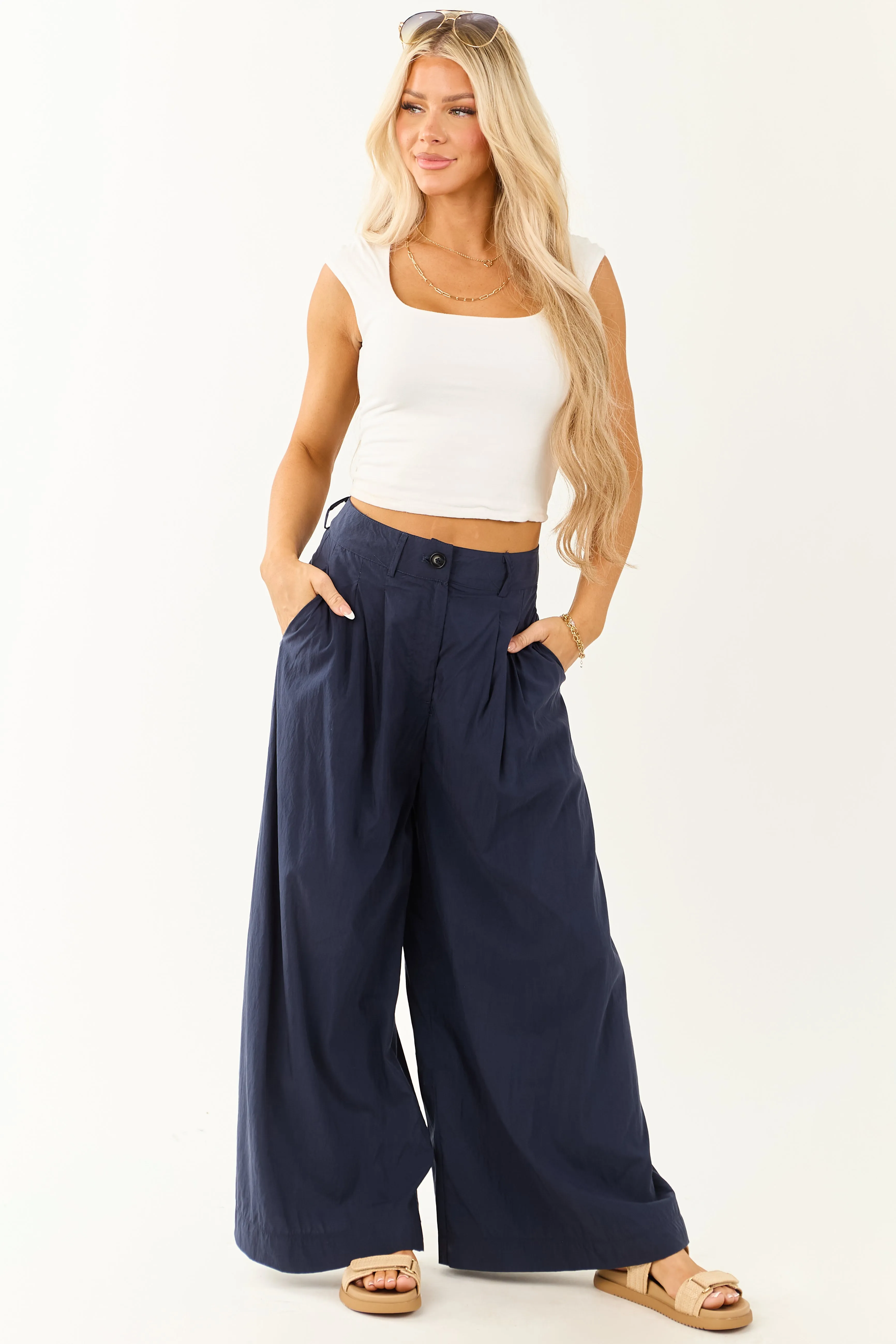 Navy Pleated High Waisted Wide Leg Palazzo Pants sold by Lime Lush