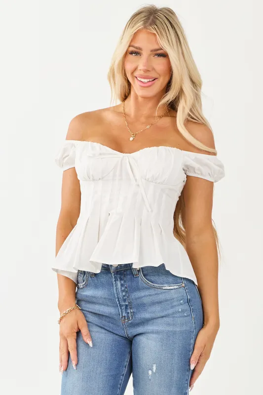 White Off Shoulder Pleated Cotton Peplum Top sold by Lime Lush