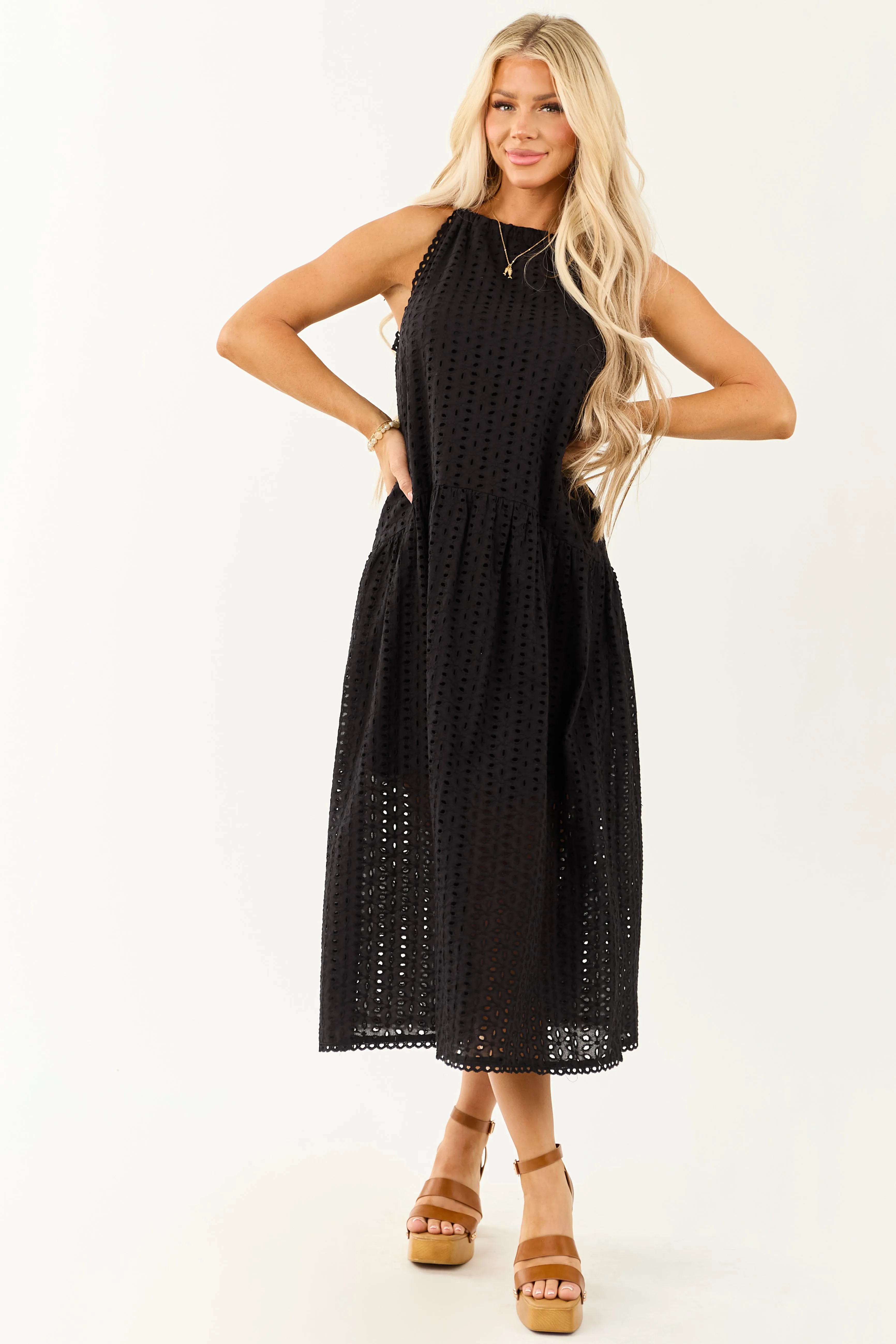 Black Eyelet Halter Tent Style Cotton Midi Dress sold by Lime Lush