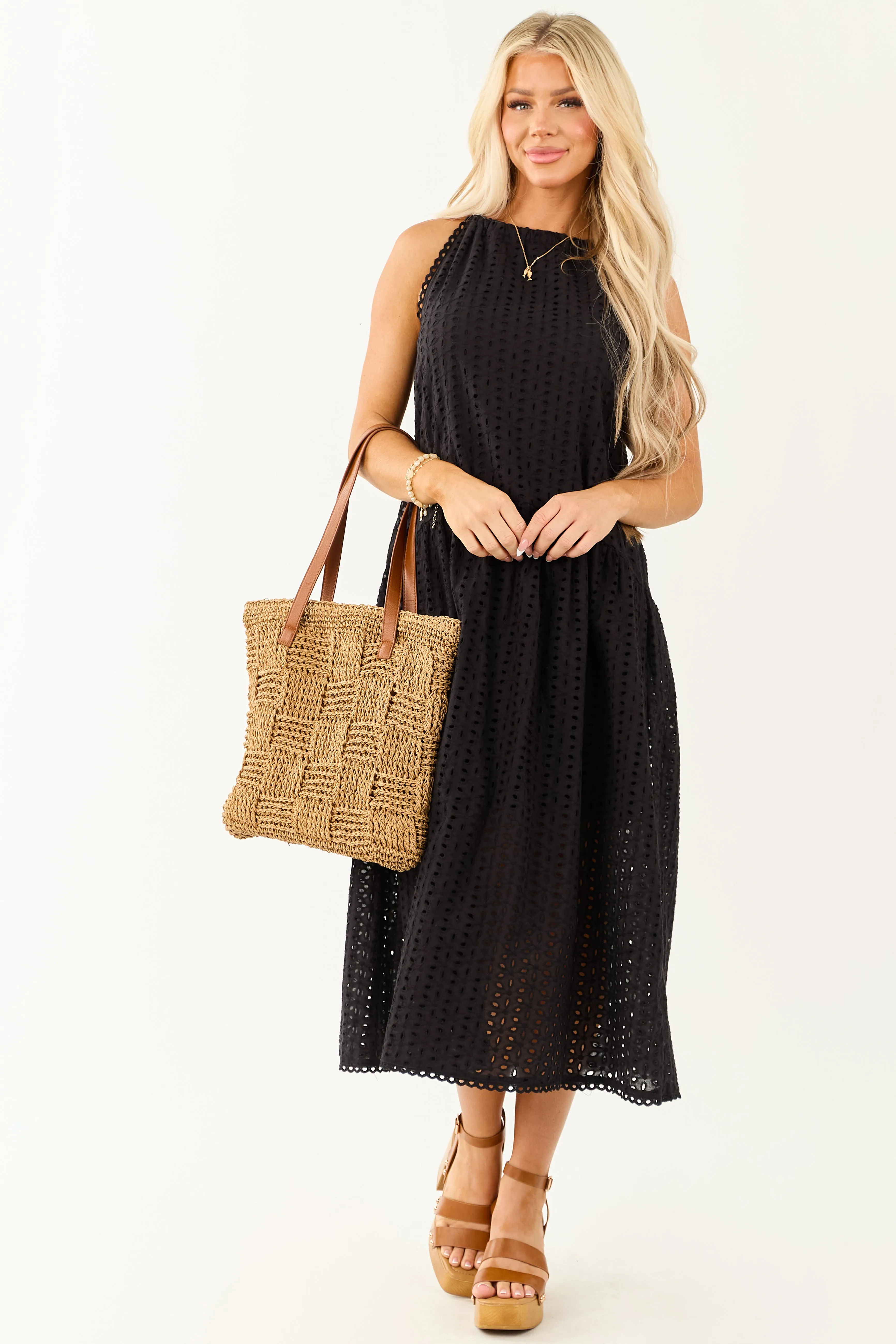 Black Eyelet Halter Tent Style Cotton Midi Dress sold by Lime Lush product image thumbnail 3