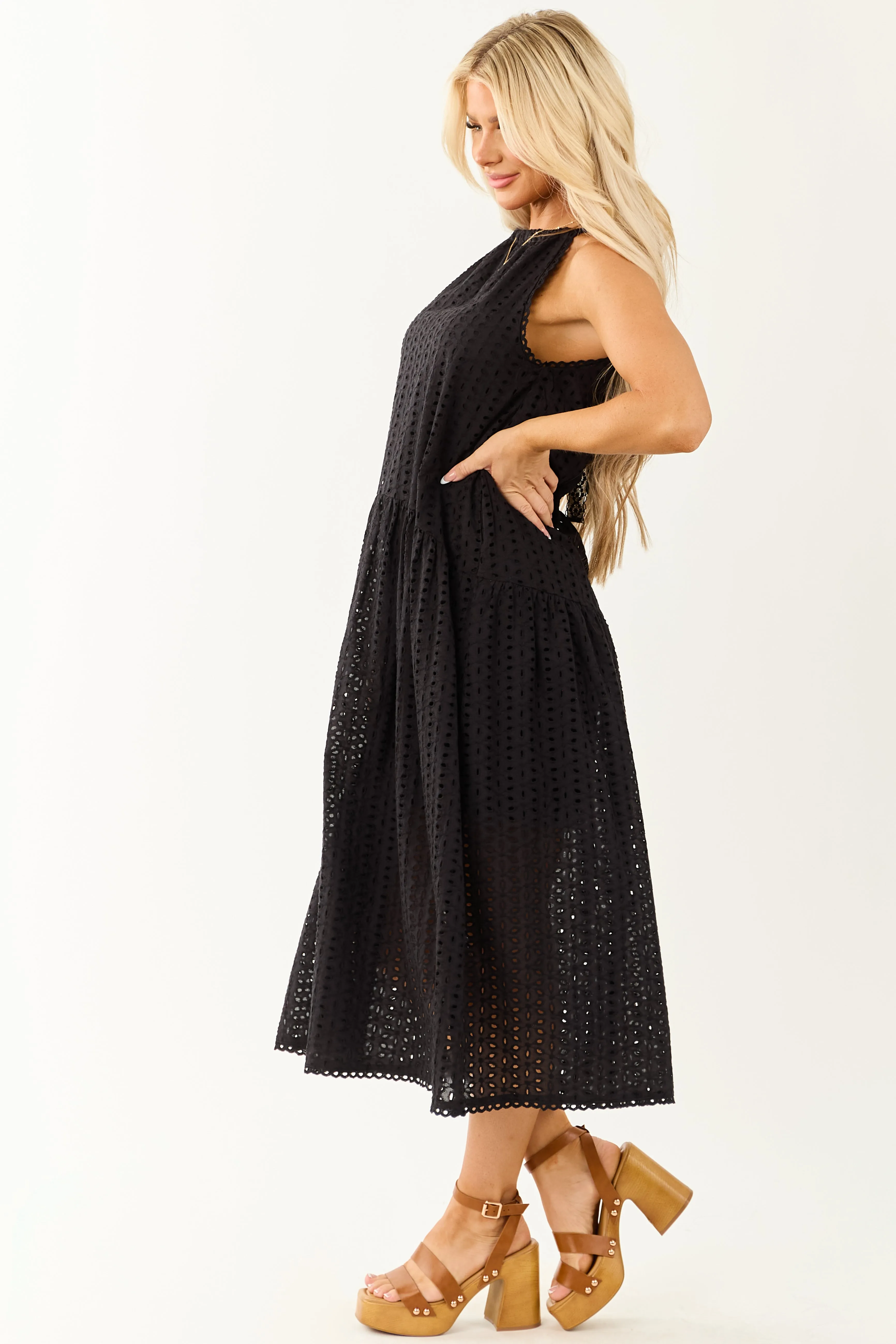 Black Eyelet Halter Tent Style Cotton Midi Dress sold by Lime Lush product image thumbnail 4