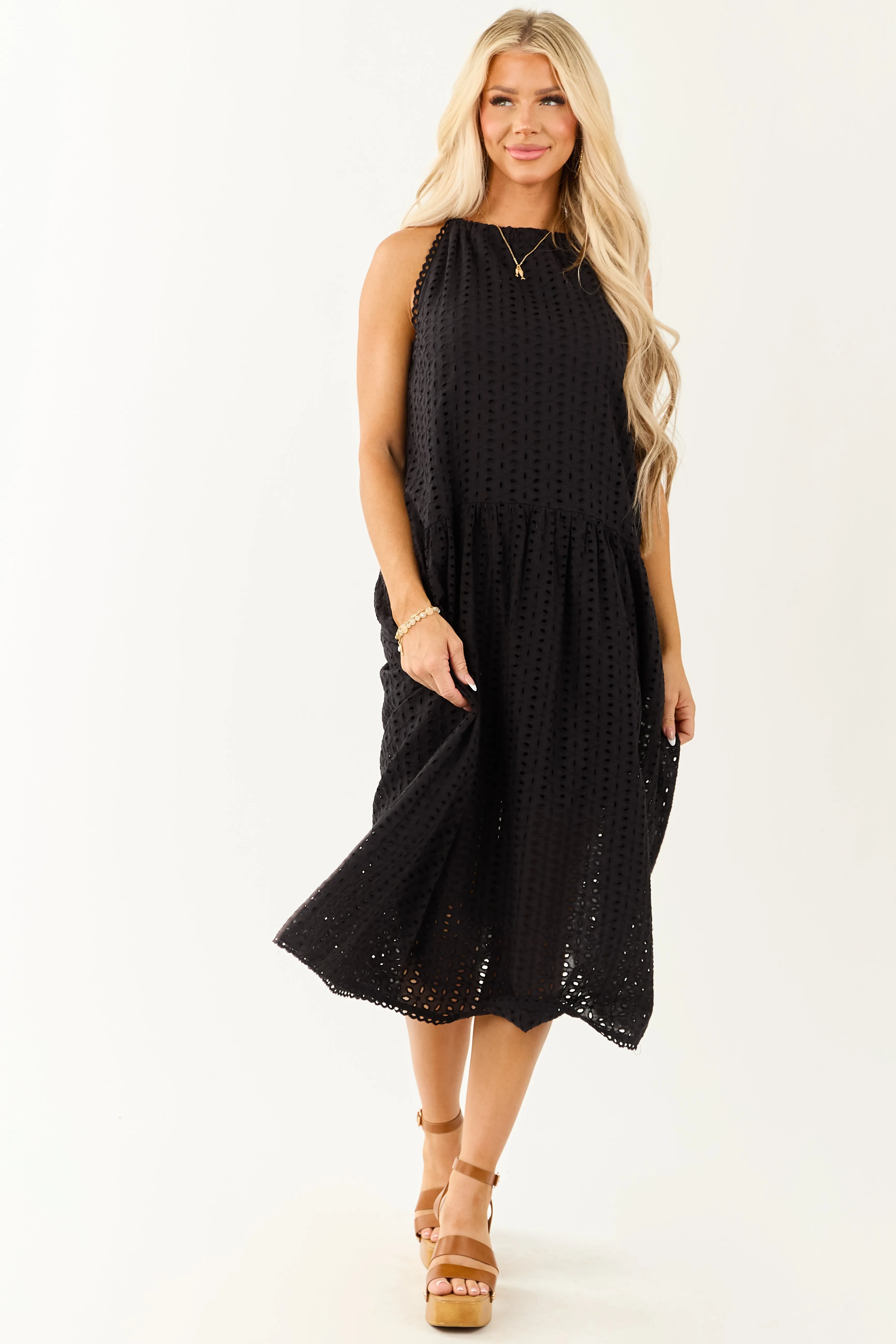 Black Eyelet Halter Tent Style Cotton Midi Dress sold by Lime Lush product image thumbnail 2