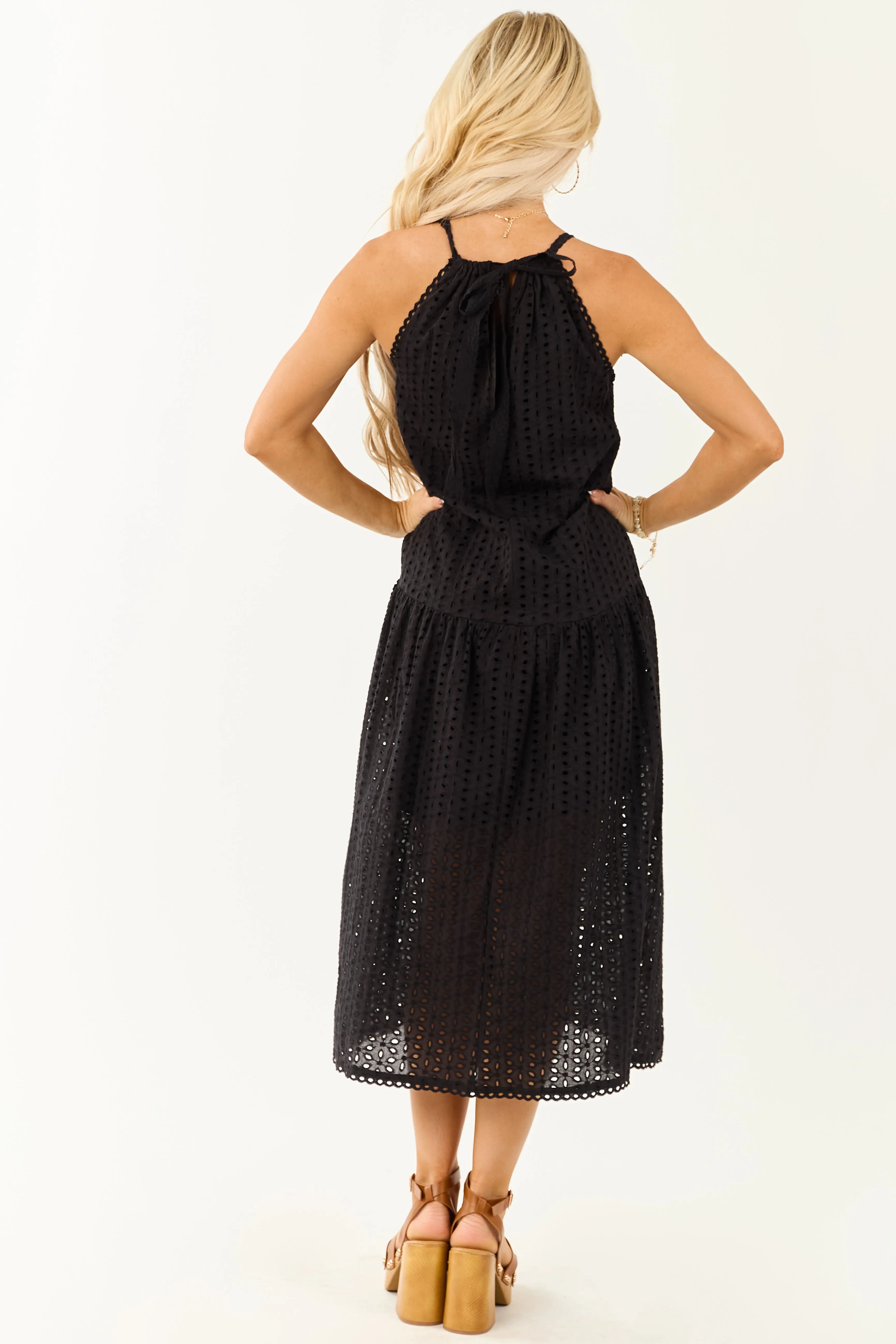 Black Eyelet Halter Tent Style Cotton Midi Dress sold by Lime Lush product image thumbnail 5