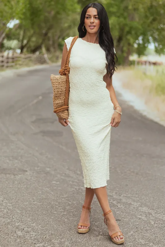 Cream Crinkle Textured Cap Sleeve Midi Dress sold by Lime Lush
