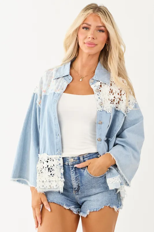 POL Light Wash Chambray Patchwork Button Up Shacket sold by Lime Lush