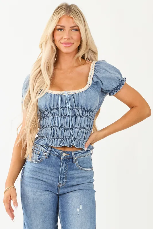 Medium Wash Chambray Puff Sleeve Smocked Blouse sold by Lime Lush