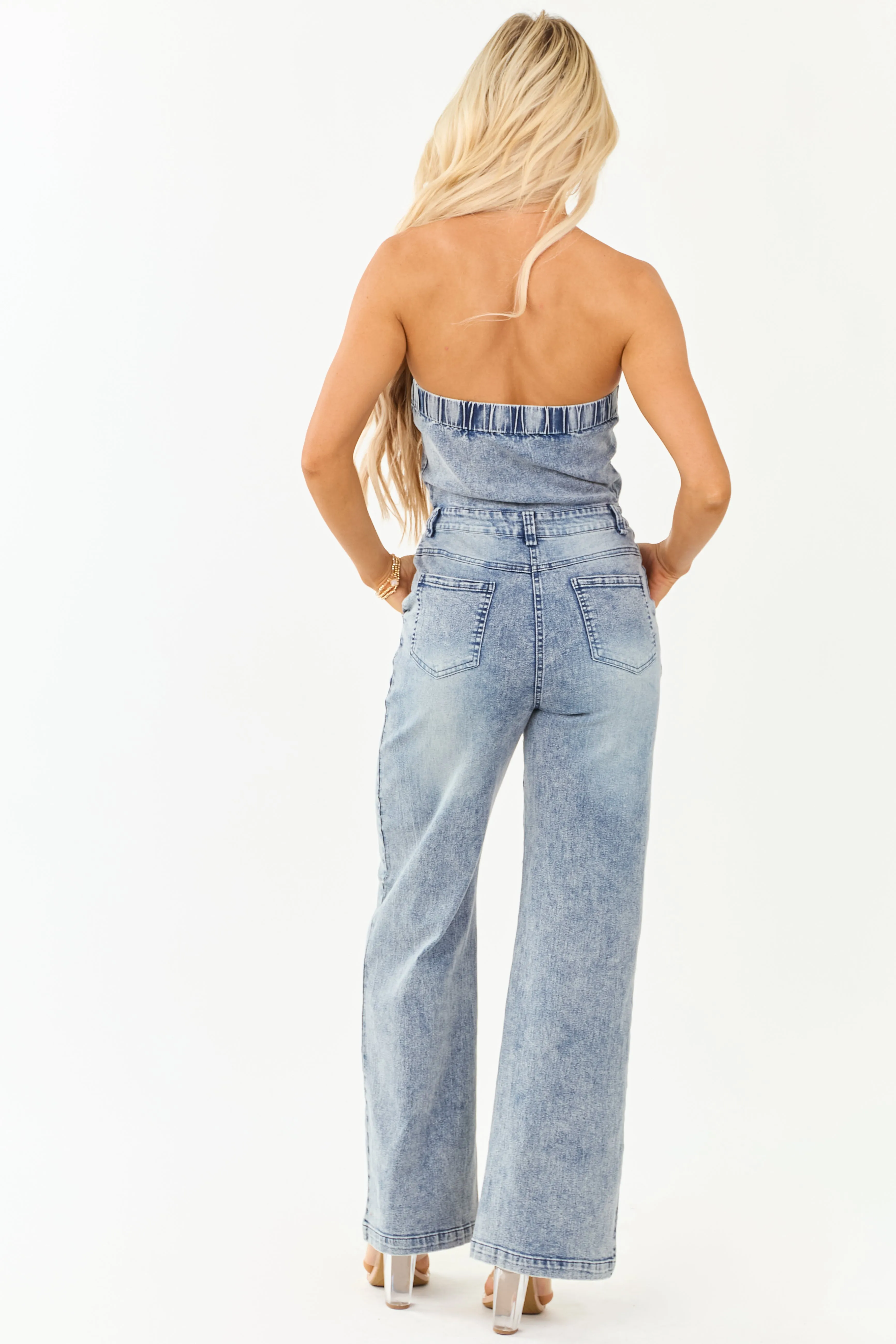 Medium Wash Denim Strapless Wide Leg Jumpsuit sold by Lime Lush product image thumbnail 5