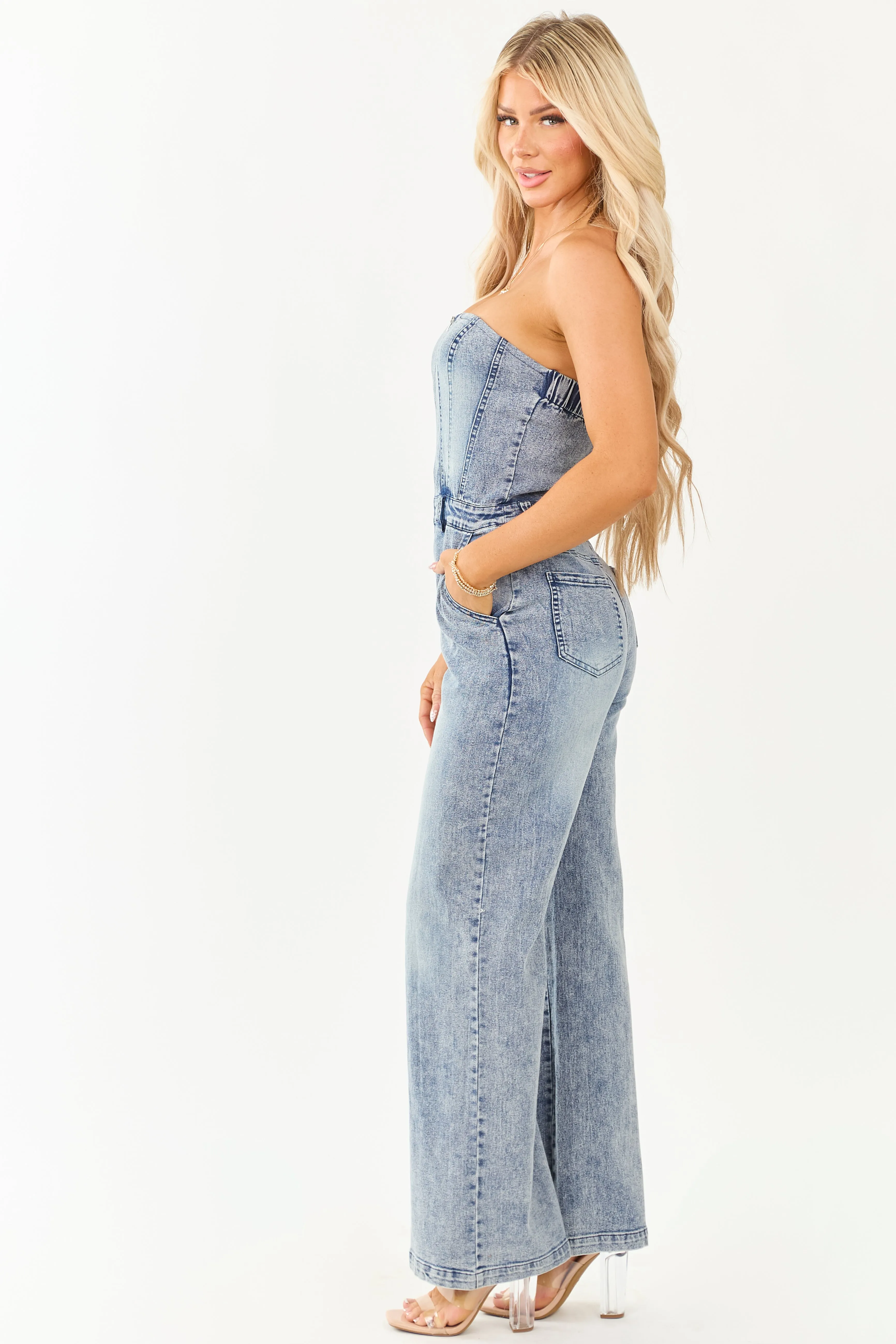 Medium Wash Denim Strapless Wide Leg Jumpsuit sold by Lime Lush product image thumbnail 4