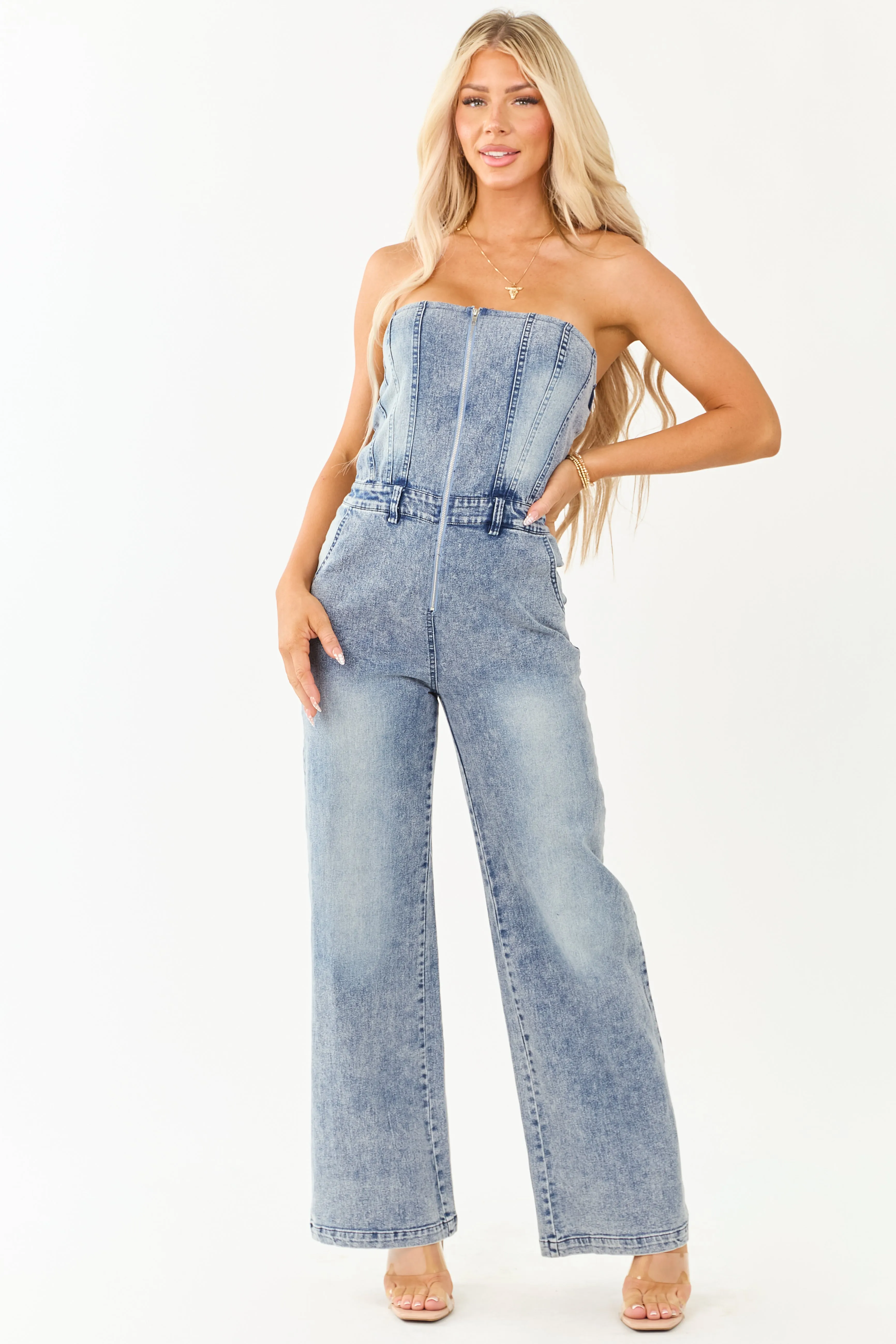 Medium Wash Denim Strapless Wide Leg Jumpsuit sold by Lime Lush