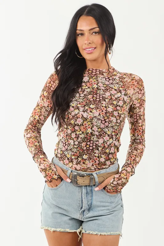 Chocolate Floral Print Mesh Long Sleeve Top sold by Lime Lush
