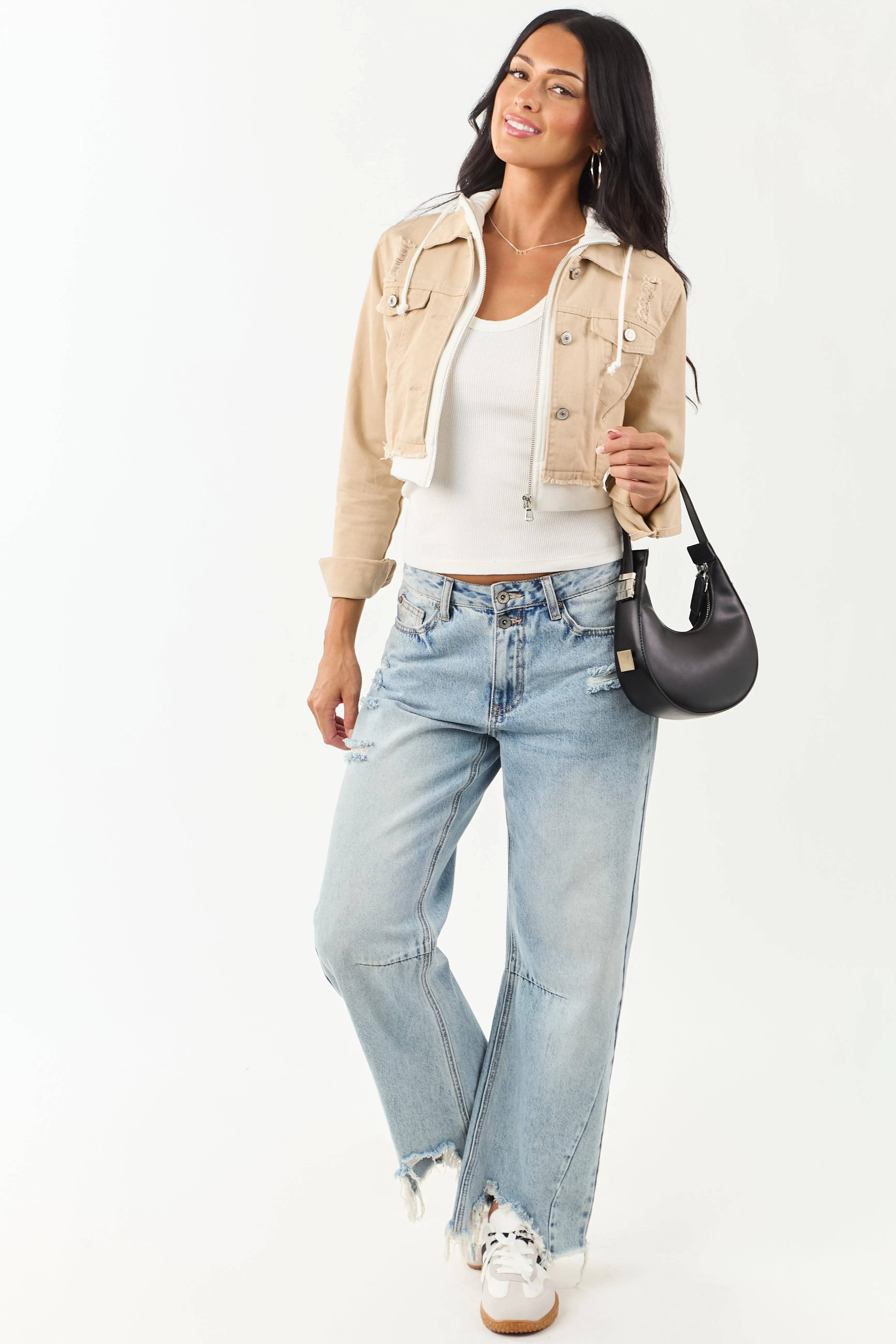 Beige Denim Crop Jacket with Inner Zip Up Hoodie sold by Lime Lush product image thumbnail 4