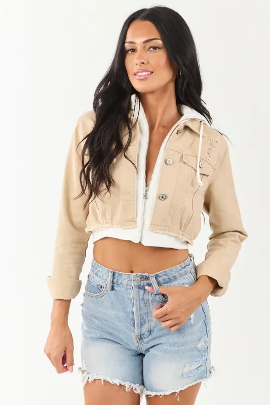 Beige Denim Crop Jacket with Inner Zip Up Hoodie sold by Lime Lush