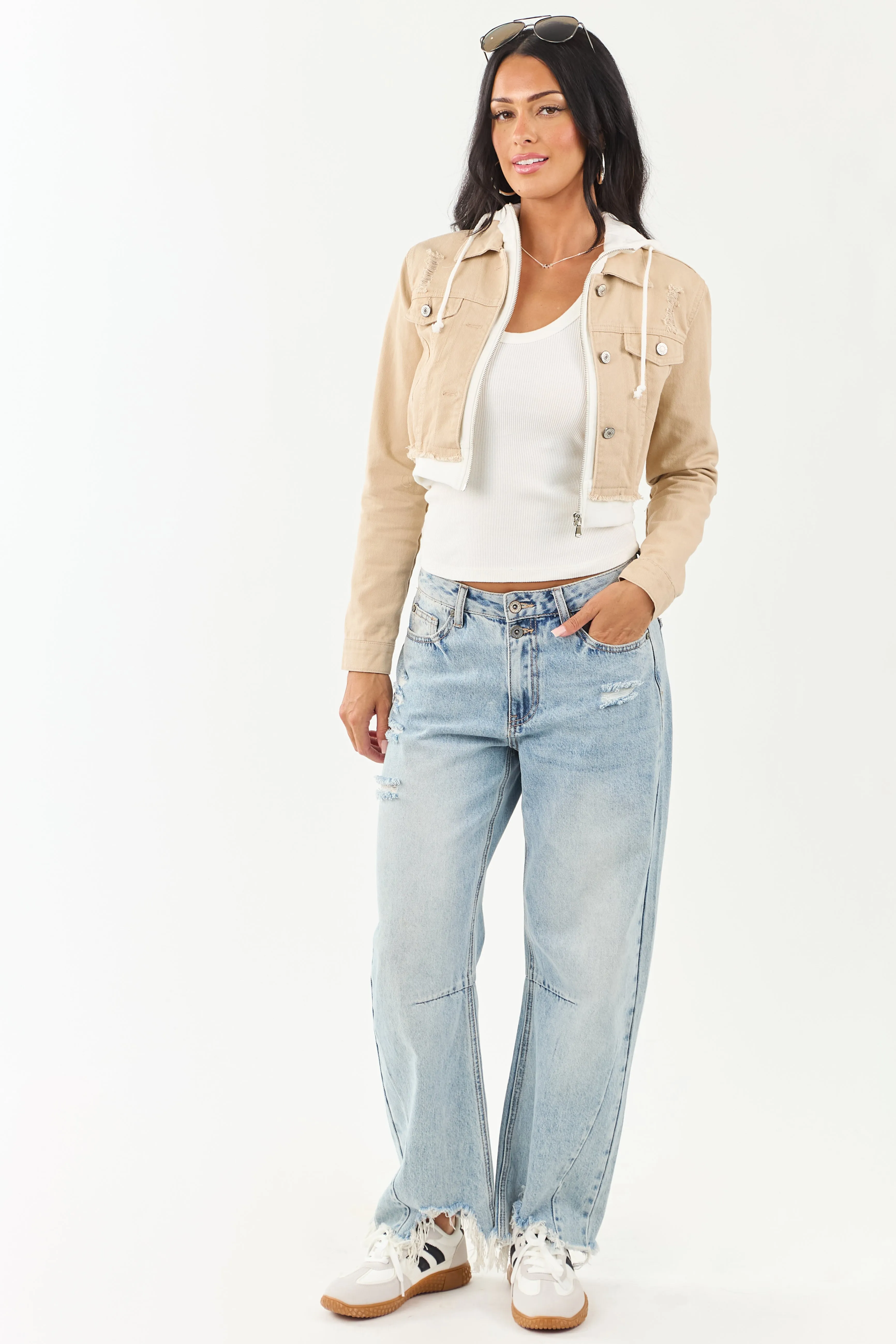 Beige Denim Crop Jacket with Inner Zip Up Hoodie sold by Lime Lush product image thumbnail 2