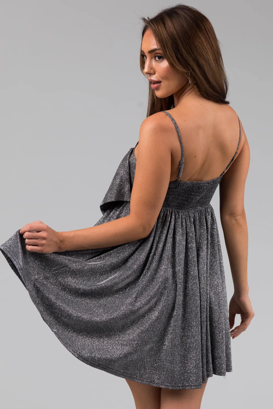 Silver Glitter Sleeveless Front Bow Mini Dress sold by Lime Lush product image thumbnail 5