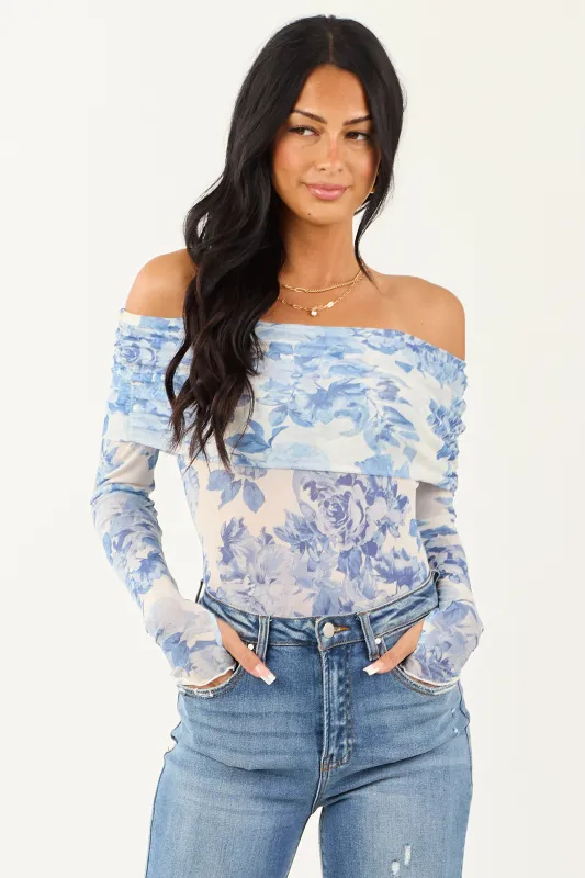 Ivory Floral Print Off the Shoulder Bodysuit sold by Lime Lush