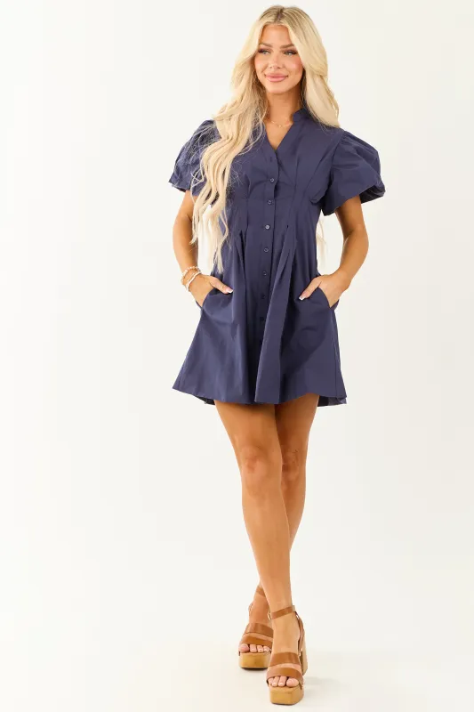Navy Bubble Sleeve Button Down Cotton Mini Dress sold by Lime Lush