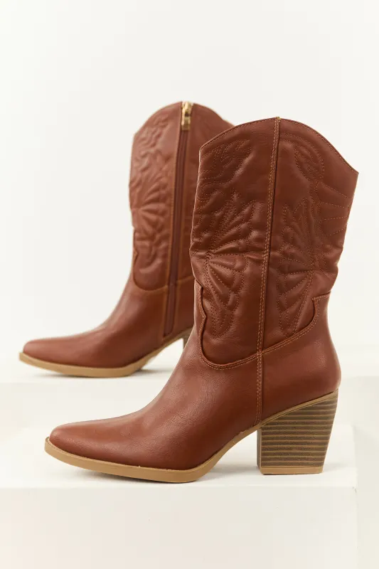 Cinnamon Faux Leather Block Heel Cowboy Boots sold by Lime Lush