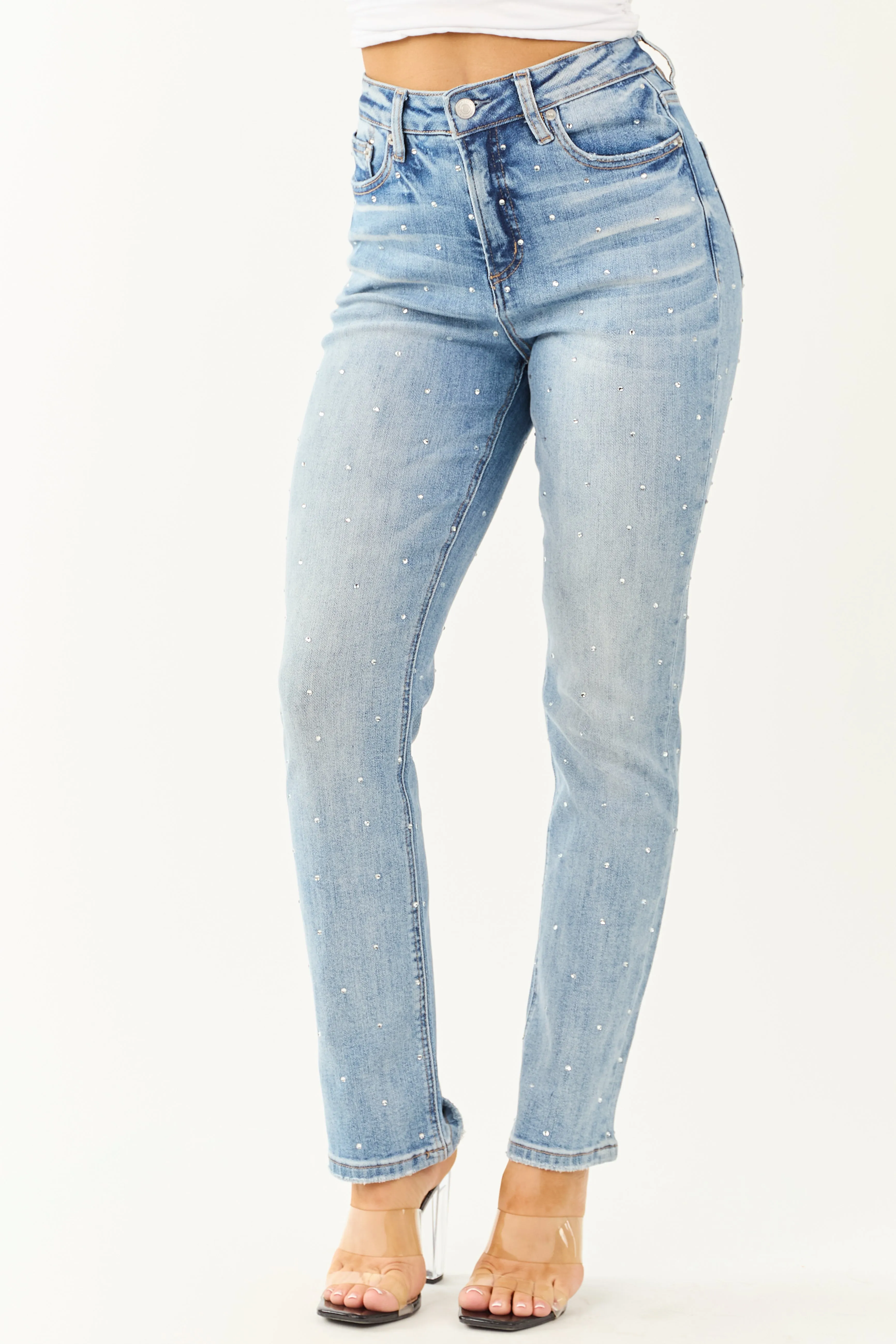 Mica Denim Light Rhinestone Stretchy Straight Jeans sold by Lime Lush product image thumbnail 4