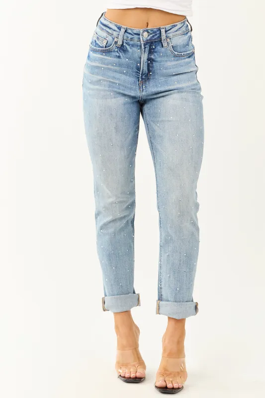 Mica Denim Light Rhinestone Stretchy Straight Jeans sold by Lime Lush