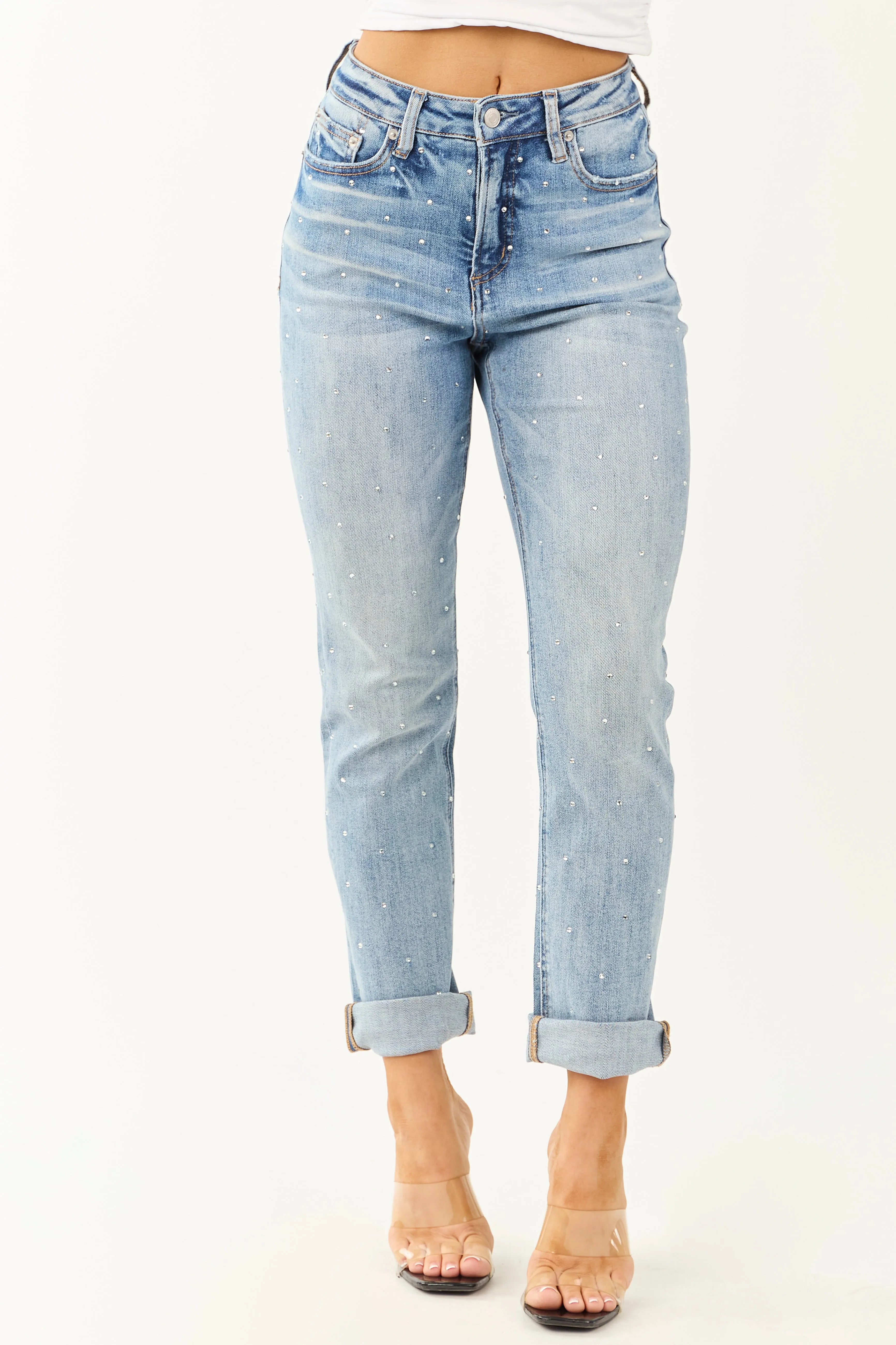 Mica Denim Light Rhinestone Stretchy Straight Jeans sold by Lime Lush