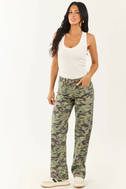 Olive Camo Print Stretchy Relaxed Straight Jeans sold by Lime Lush