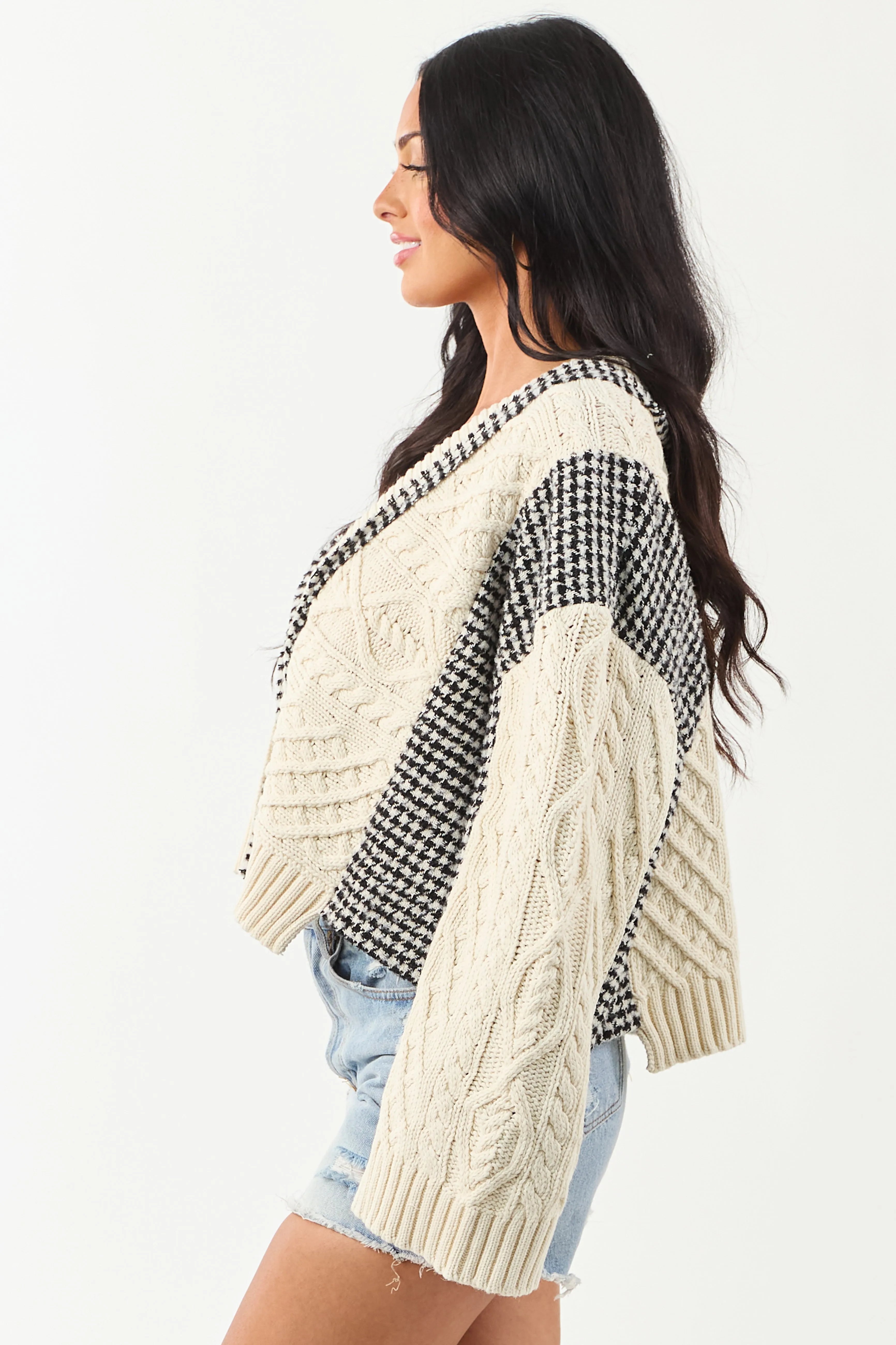 POL Ivory Cable Knit Houndstooth Contrast Cardigan sold by Lime Lush product image thumbnail 5