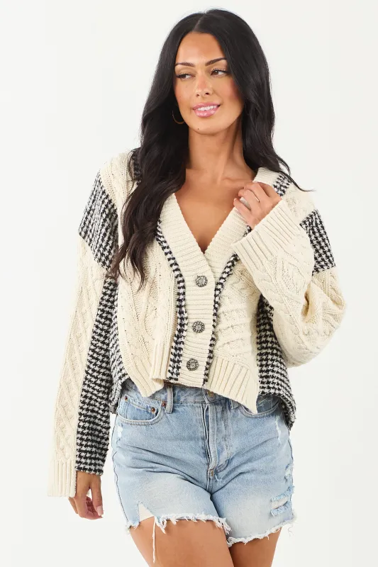 POL Ivory Cable Knit Houndstooth Contrast Cardigan sold by Lime Lush