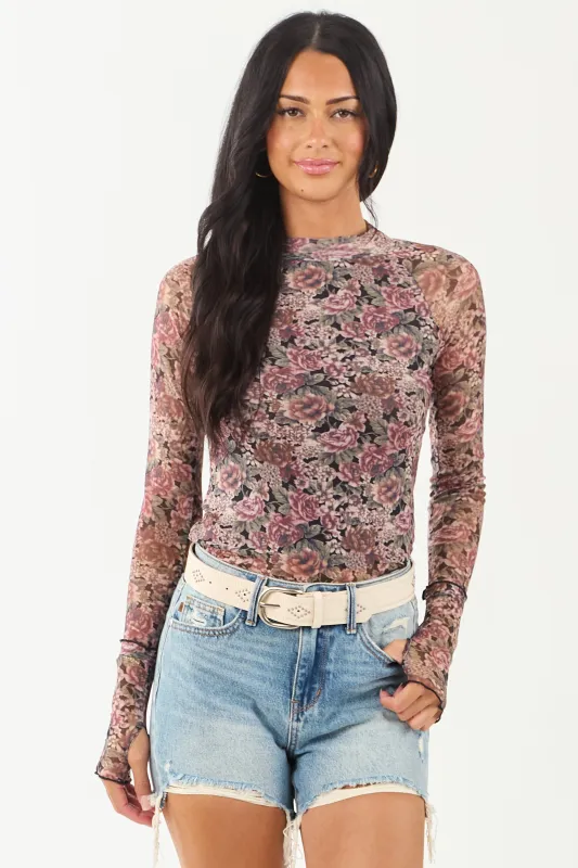 Dusty Rose Floral Mesh Long Sleeve Mock Neck Top sold by Lime Lush