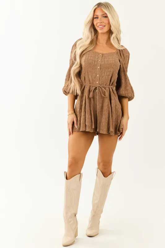Sepia Velvet Textured Puff Sleeve Wide Leg Romper sold by Lime Lush