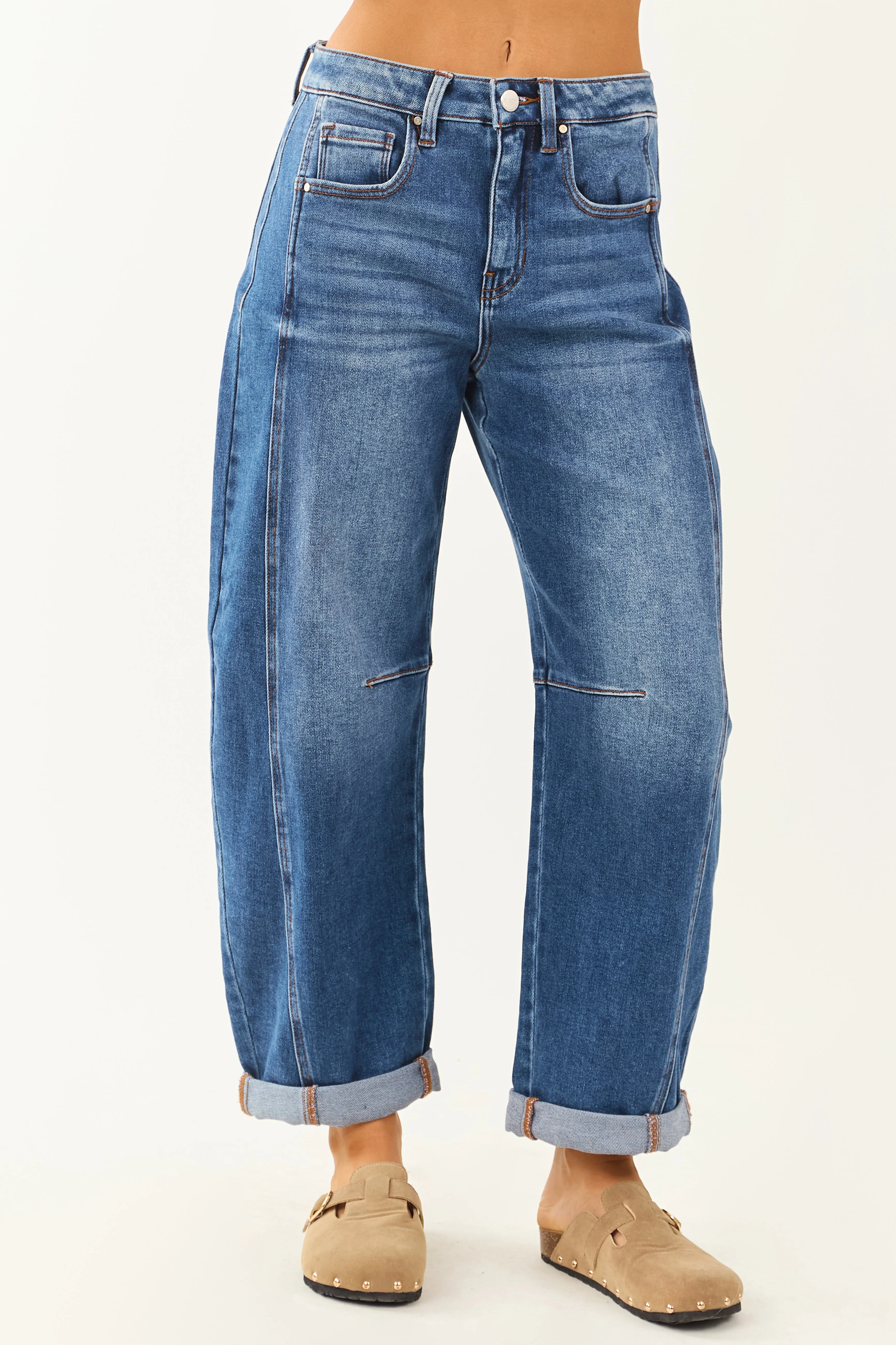 Risen Stretchy Dark Wash Cuffed Barrel Jeans sold by Lime Lush product image thumbnail 2