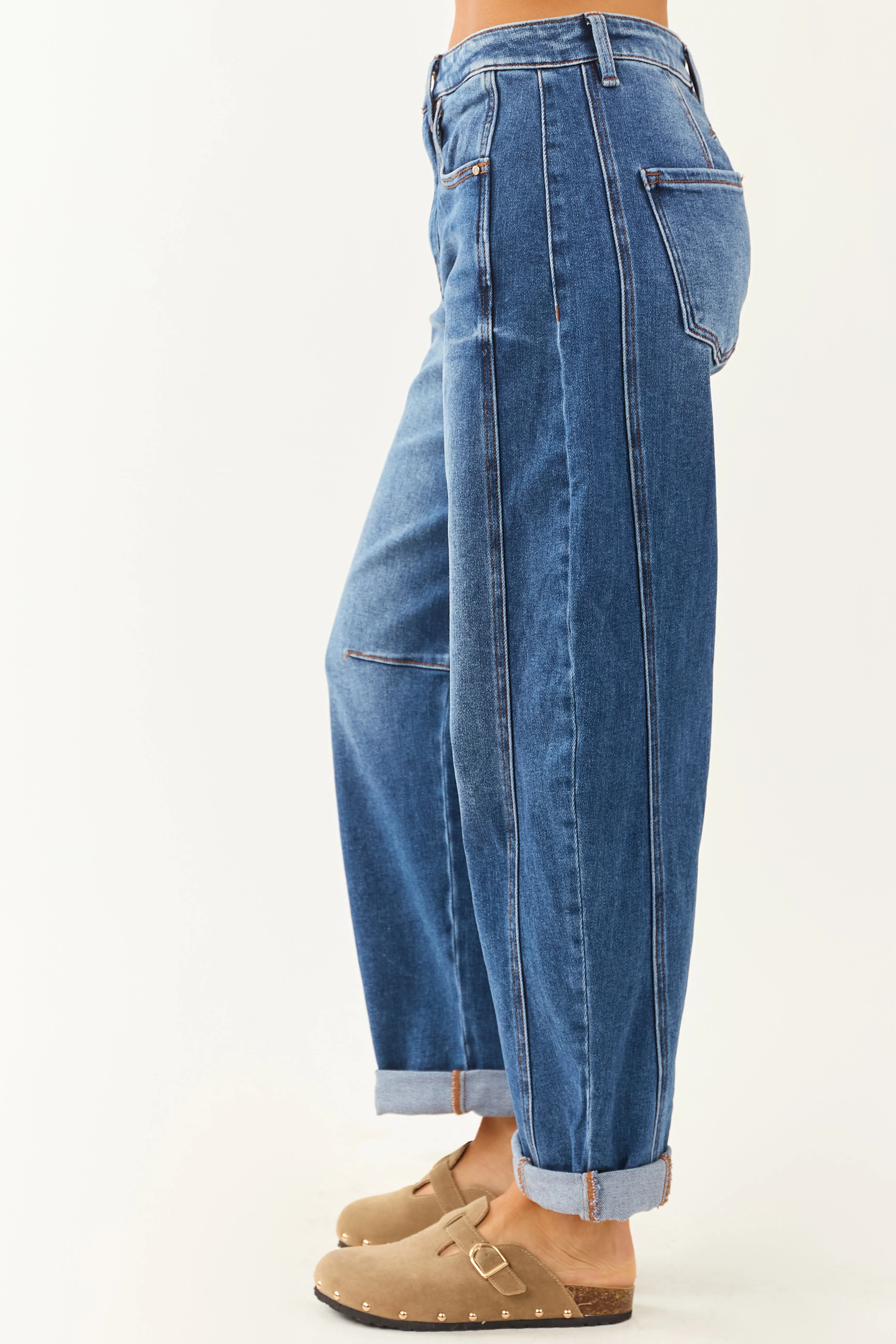 Risen Stretchy Dark Wash Cuffed Barrel Jeans sold by Lime Lush product image thumbnail 3