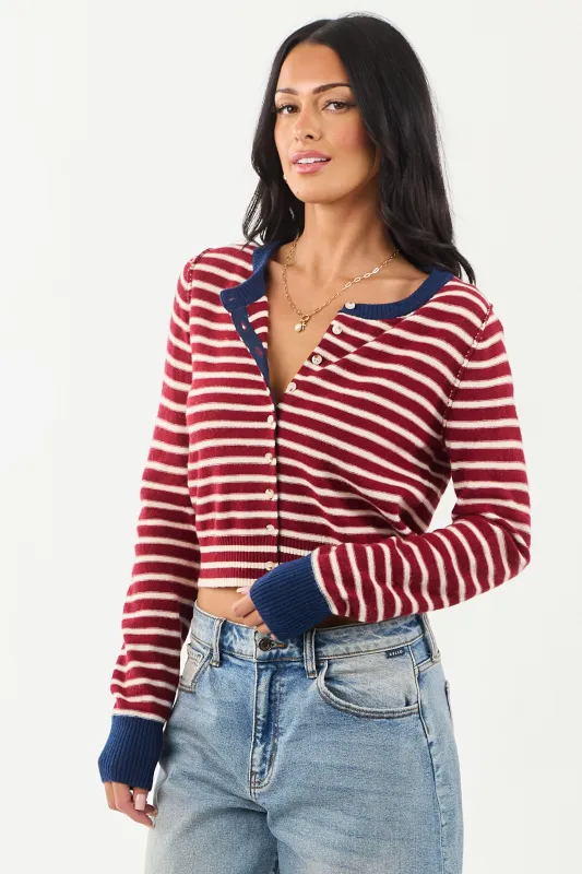 Entro Maroon and Cream Striped Button Down Cardigan sold by Lime Lush
