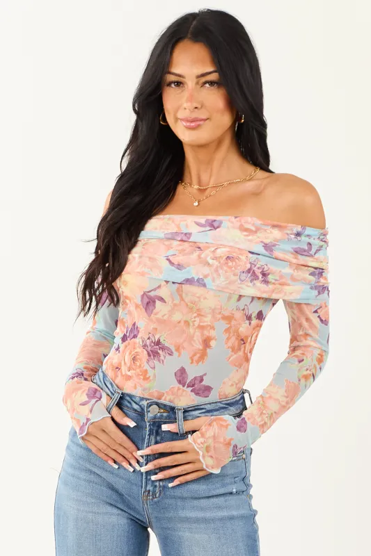 Sky Blue Floral Print Off the Shoulder Bodysuit sold by Lime Lush