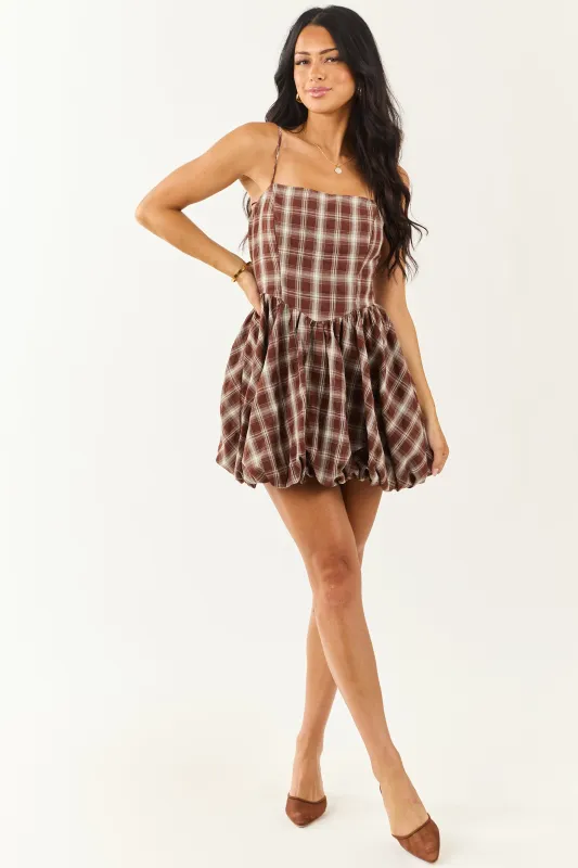 Chocolate Plaid Bubble Hem Cotton Mini Dress sold by Lime Lush