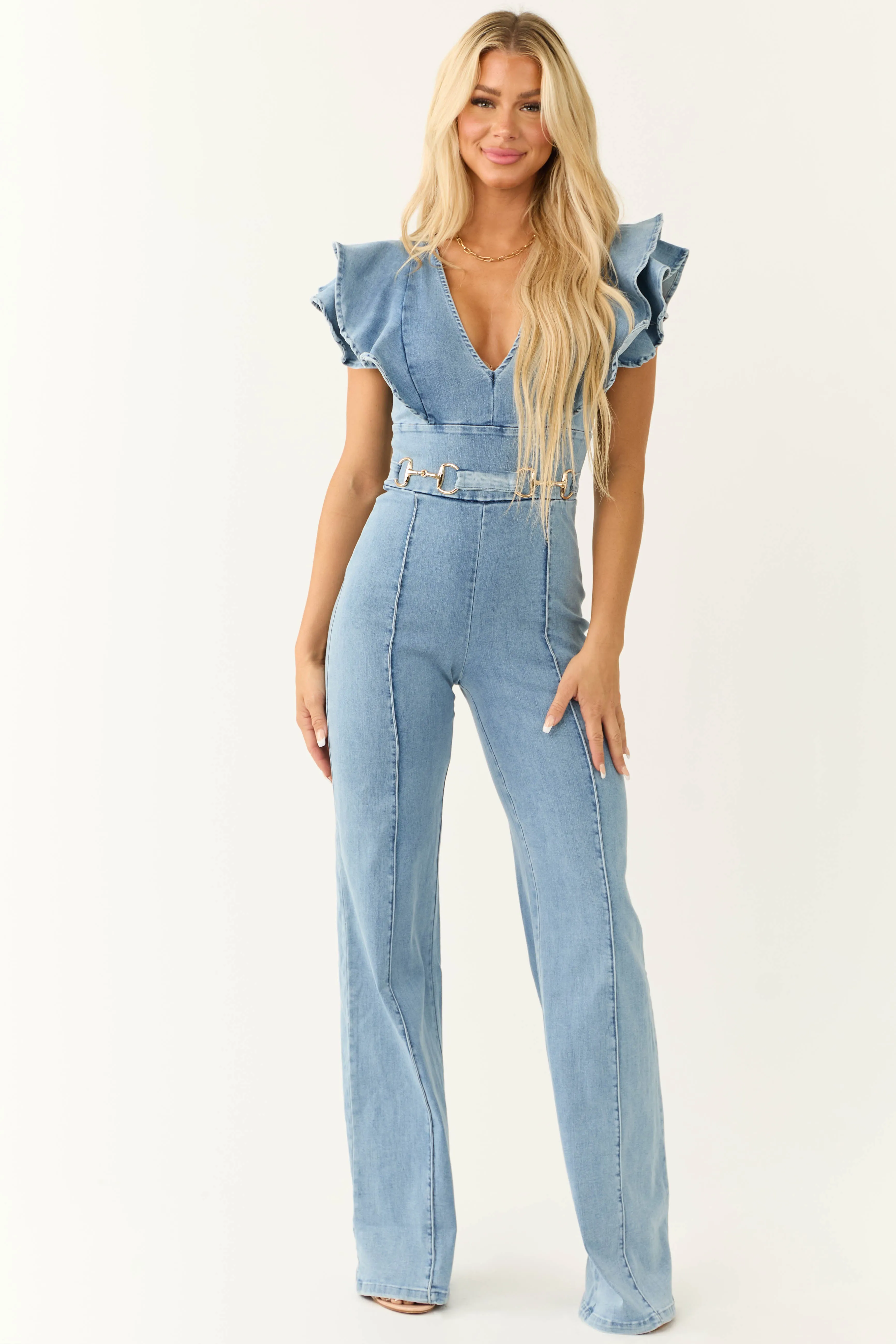 Light Wash Denim Belt Detail V Neck Jumpsuit sold by Lime Lush